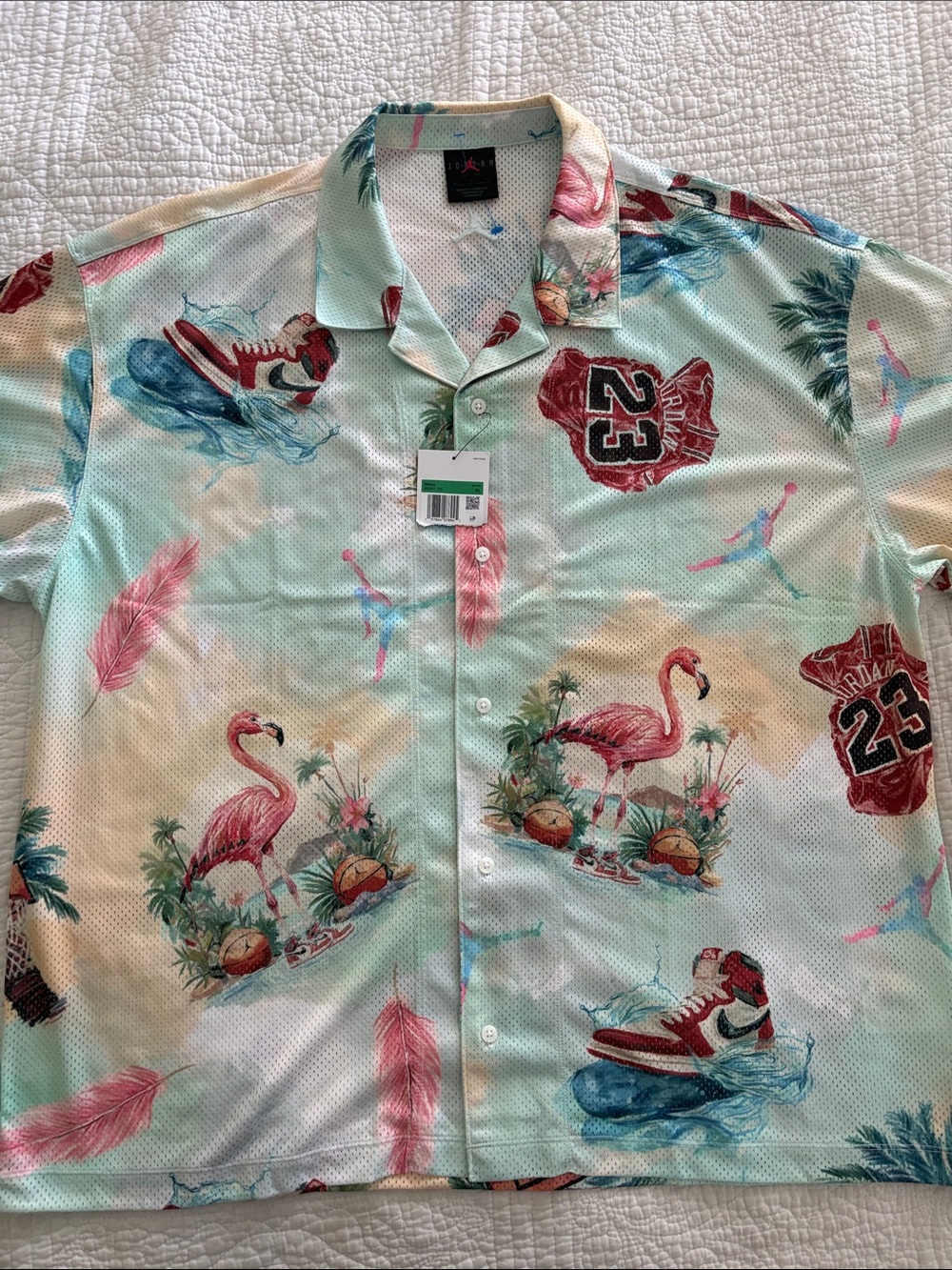 Jordan Mint Tropical Flamingo Button-Down Shirt with Pink Accents